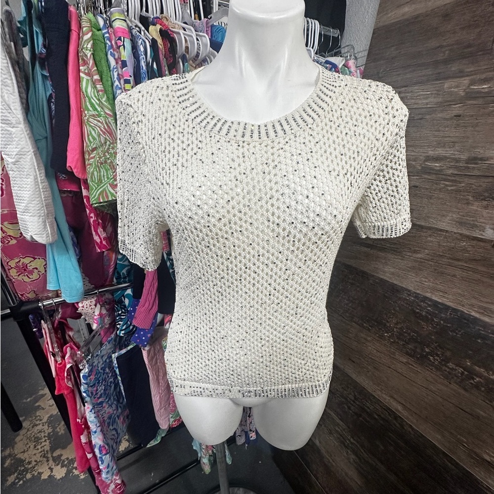 White House Black Market Cream Crew Neck Sweater with Textured Knit